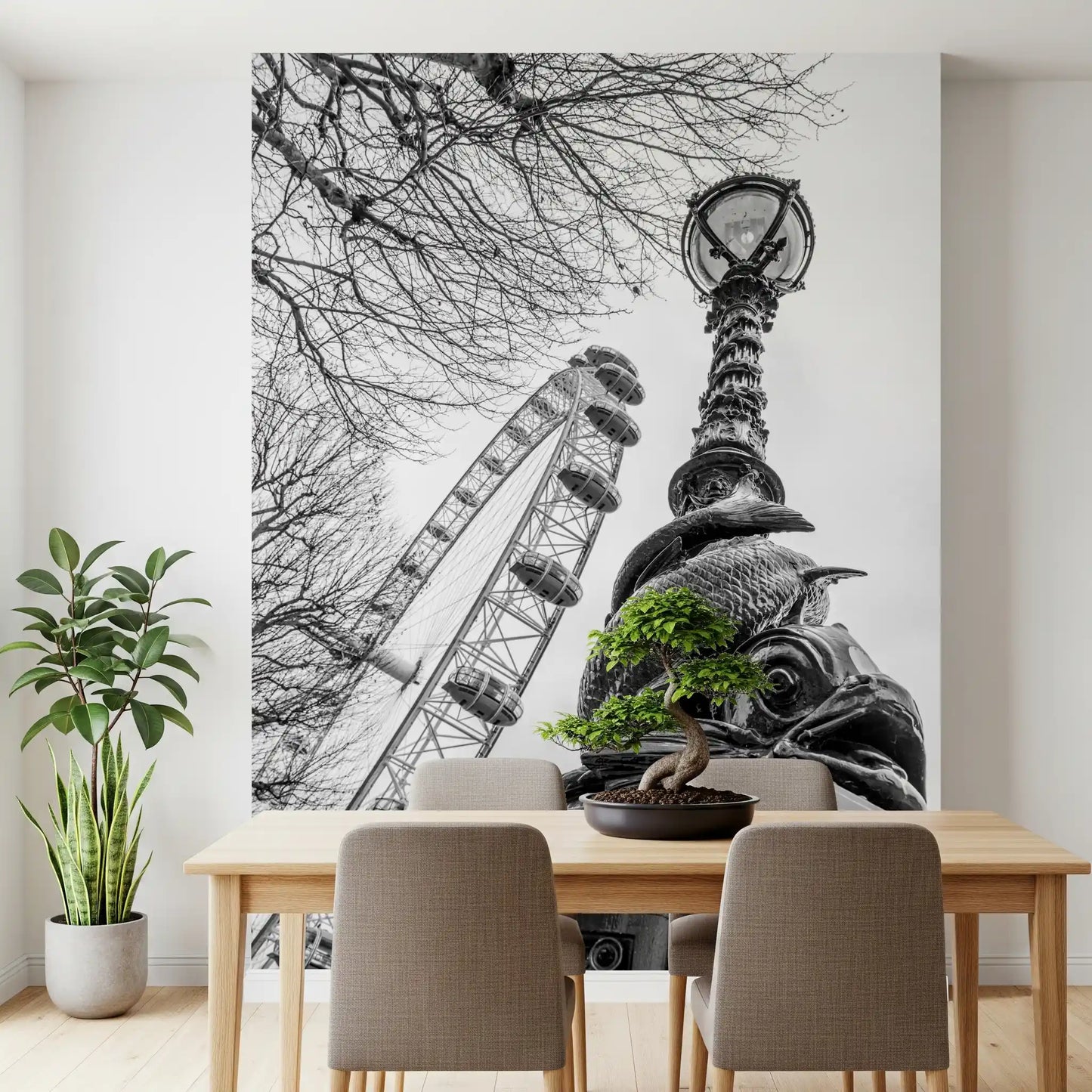 Wandbild mit dem Londoner Wahrzeichen Riesenrad und Laternenpfahl
