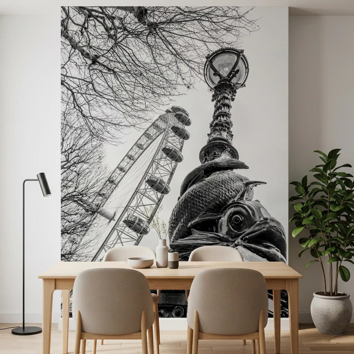 Wandbild mit dem Londoner Wahrzeichen Riesenrad und Laternenpfahl