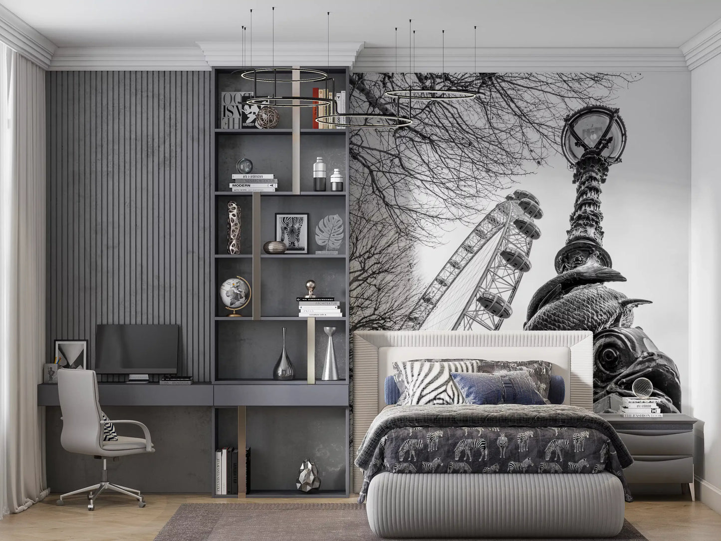 Wandbild mit dem Londoner Wahrzeichen Riesenrad und Laternenpfahl