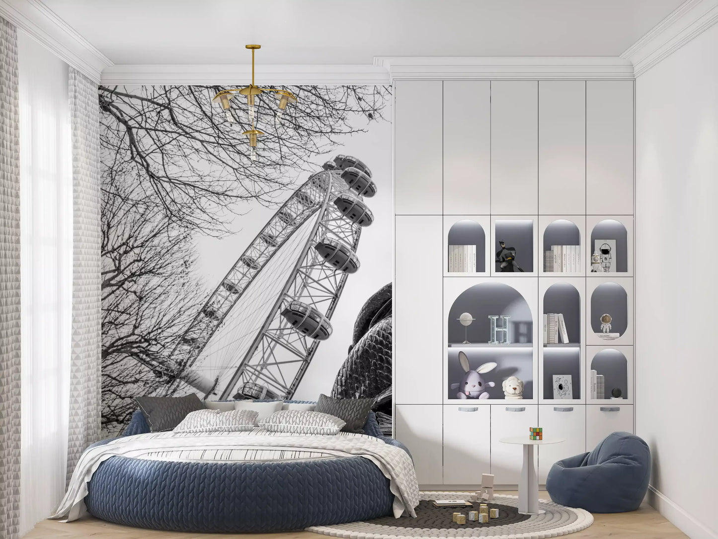 Wandbild mit dem Londoner Wahrzeichen Riesenrad und Laternenpfahl