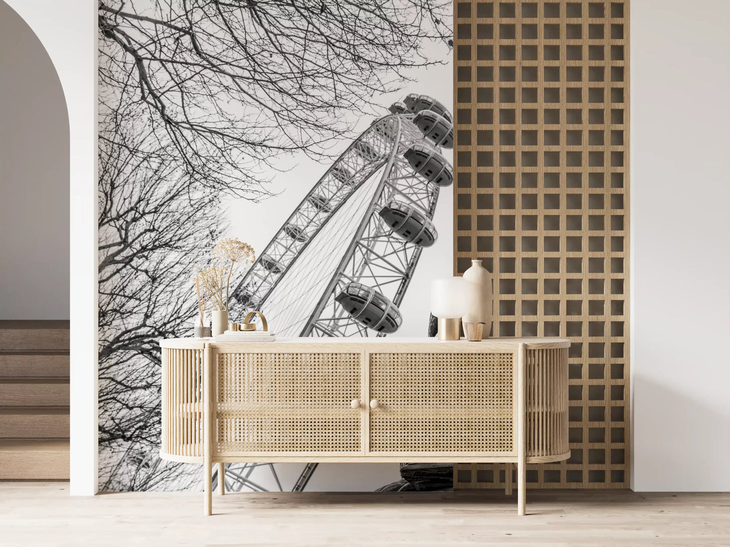 Wandbild mit dem Londoner Wahrzeichen Riesenrad und Laternenpfahl