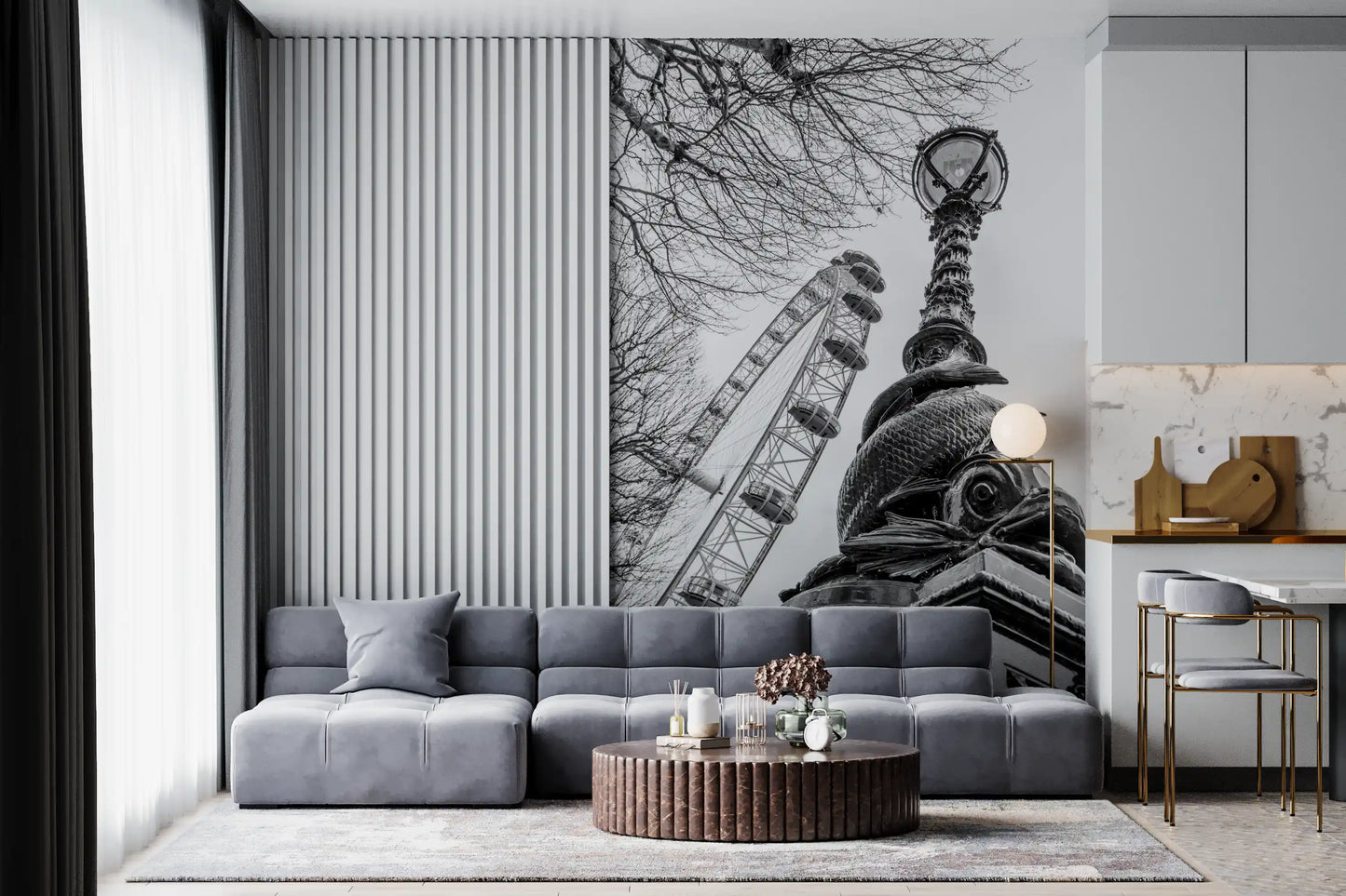 Wandbild mit dem Londoner Wahrzeichen Riesenrad und Laternenpfahl