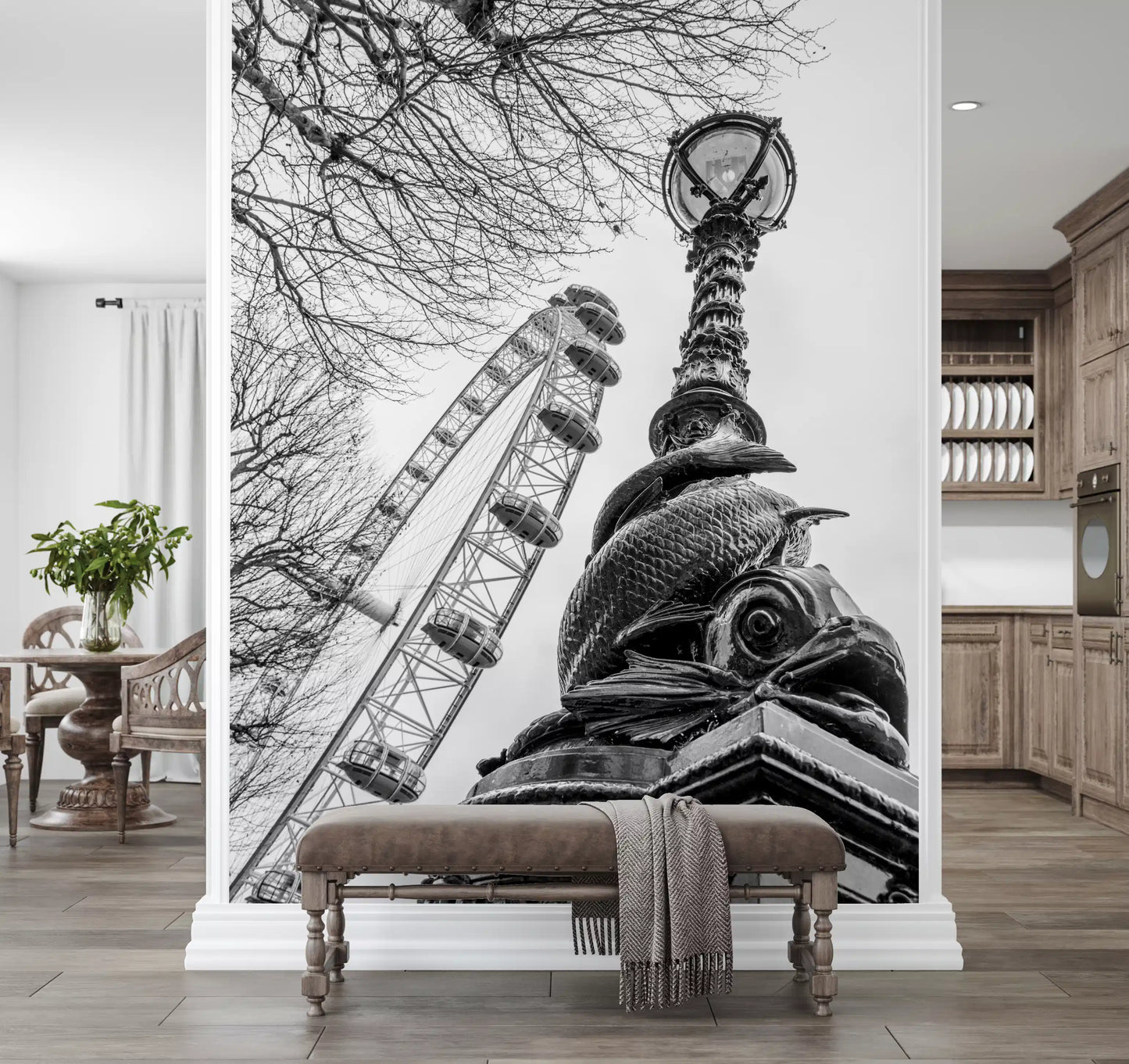 Wandbild mit dem Londoner Wahrzeichen Riesenrad und Laternenpfahl