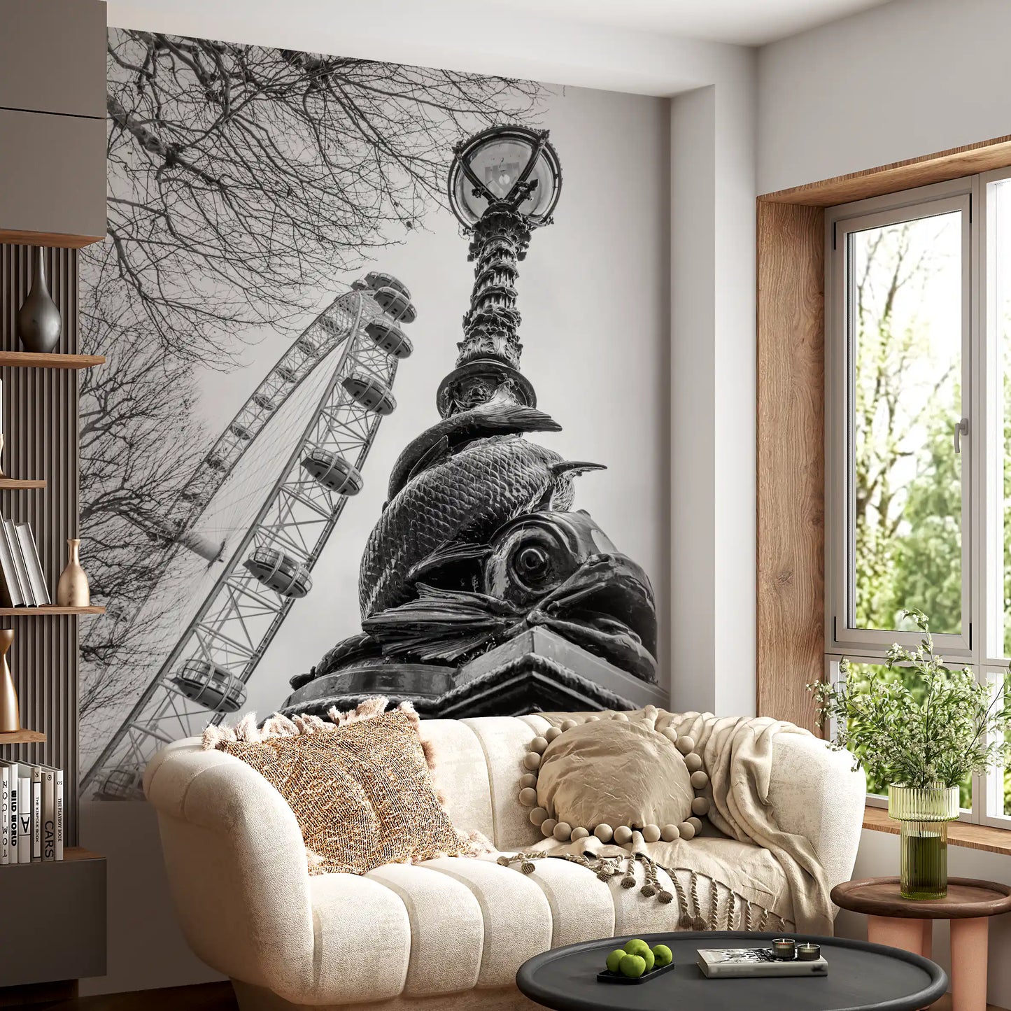 Wandbild mit dem Londoner Wahrzeichen Riesenrad und Laternenpfahl