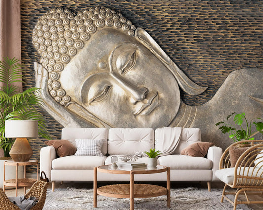 Polished silver face glows across the Metallic Sculpture Surface wall mural in a lounge GD11452