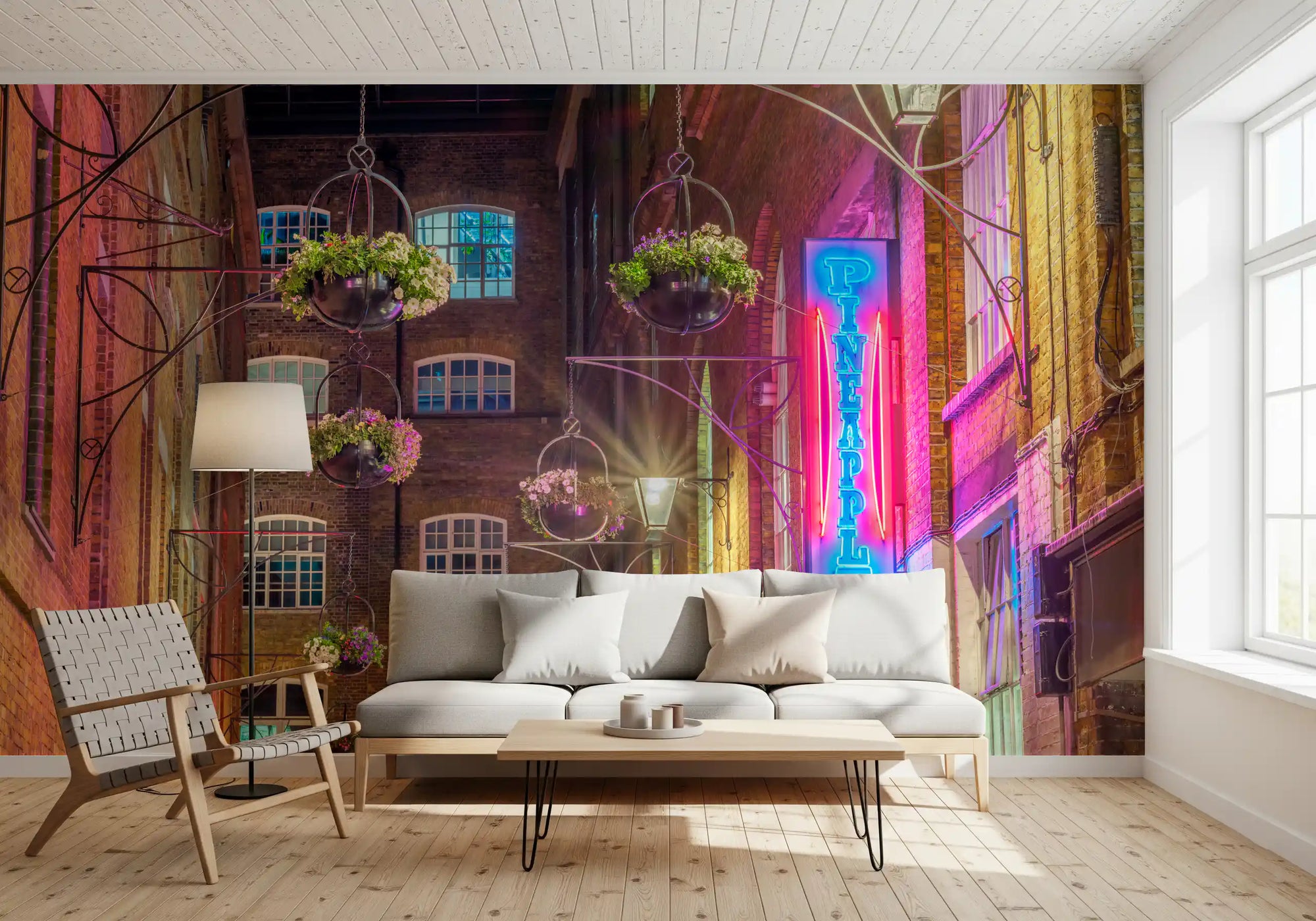 Industrial Night Bloom wall mural warming a living room in neon pink