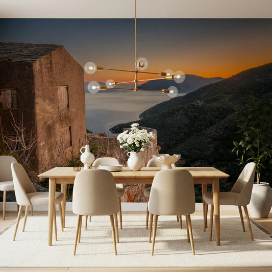 Rustic Stone Retreat wall mural warms a dining room at golden hour GD11469