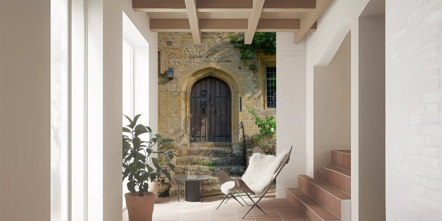 Aged Timber Archway and Stonework Wall Mural