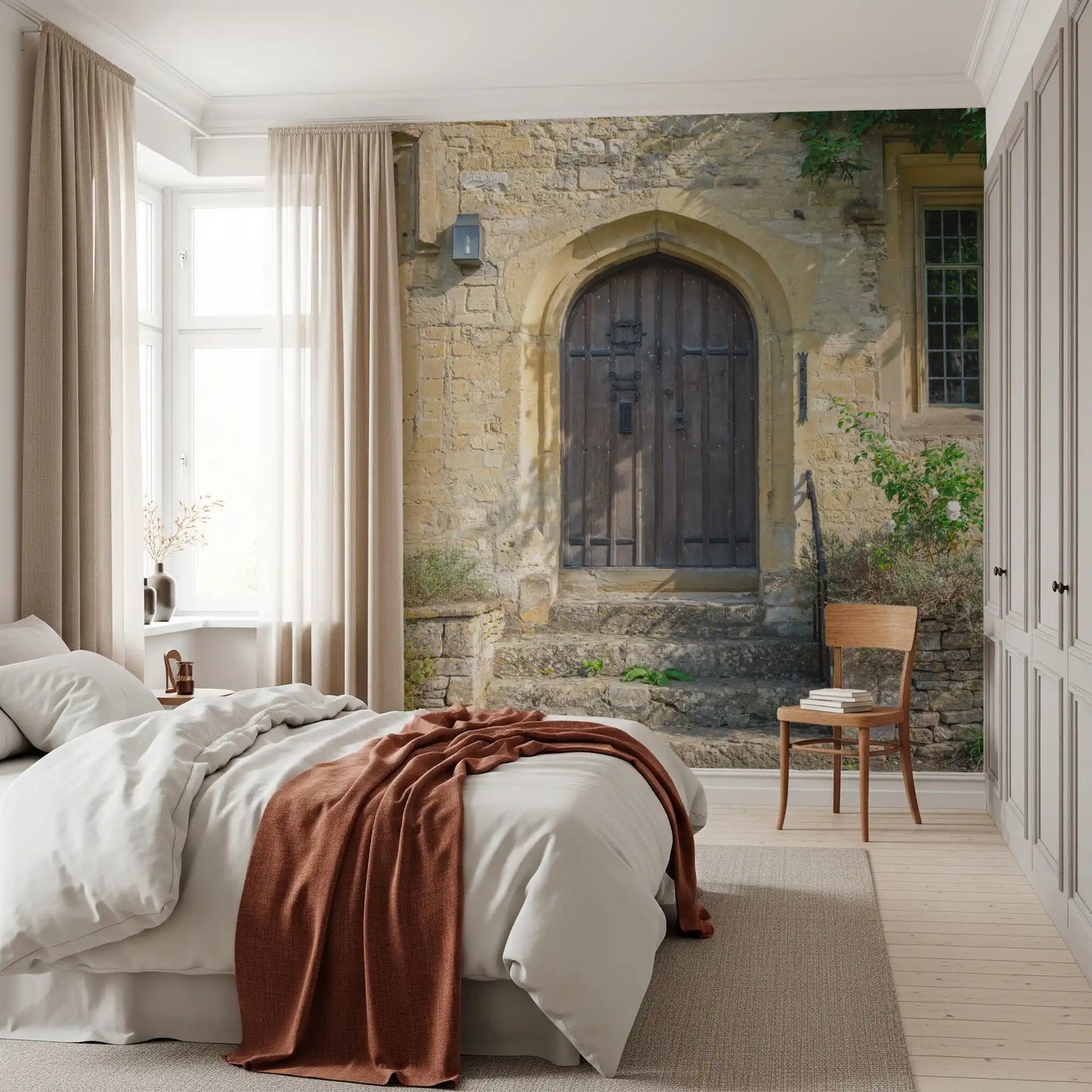 Aged Timber Archway and Stonework Wall Mural