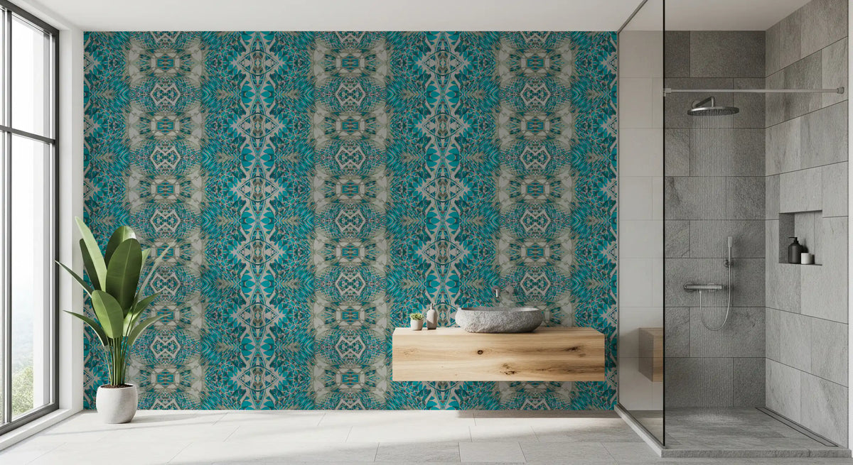 Bathroom set with teal and gray lattice wallpaper, the Amber ornamental repeat GD11471