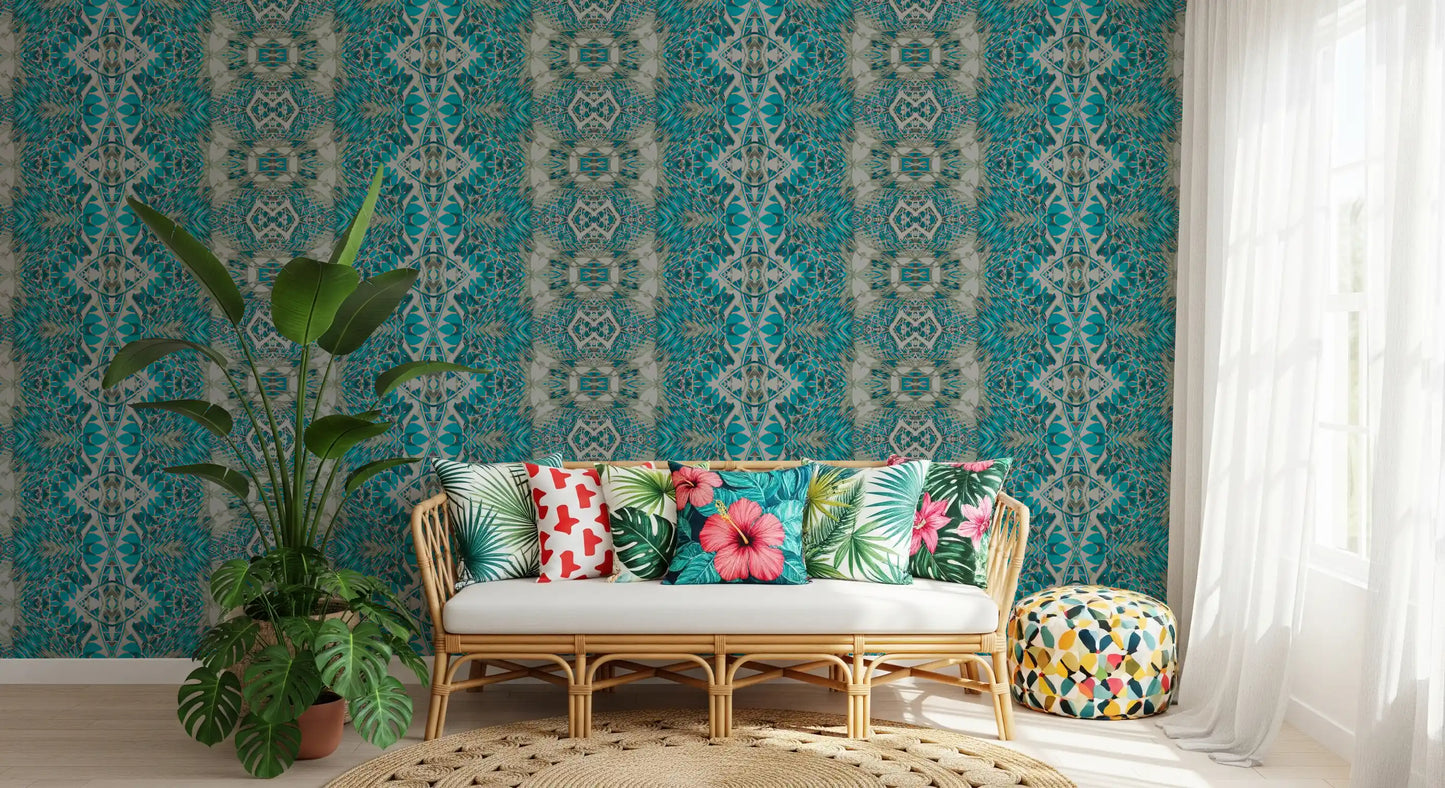 Teal & Grå Indviklet Abstrakt Ornamentalt Tapet - AMBER DESIGN TAPET