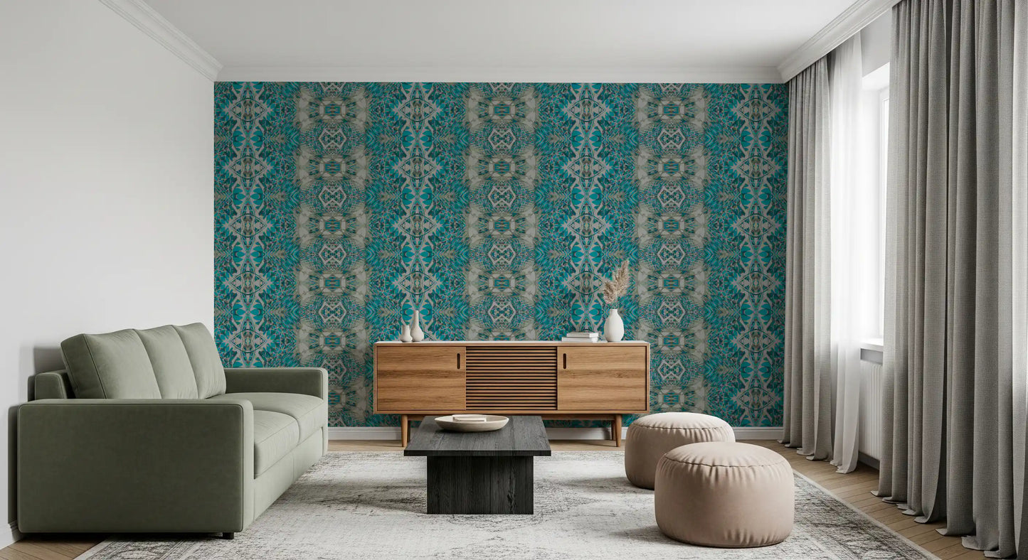 Teal & Grå Indviklet Abstrakt Ornamentalt Tapet - AMBER DESIGN TAPET