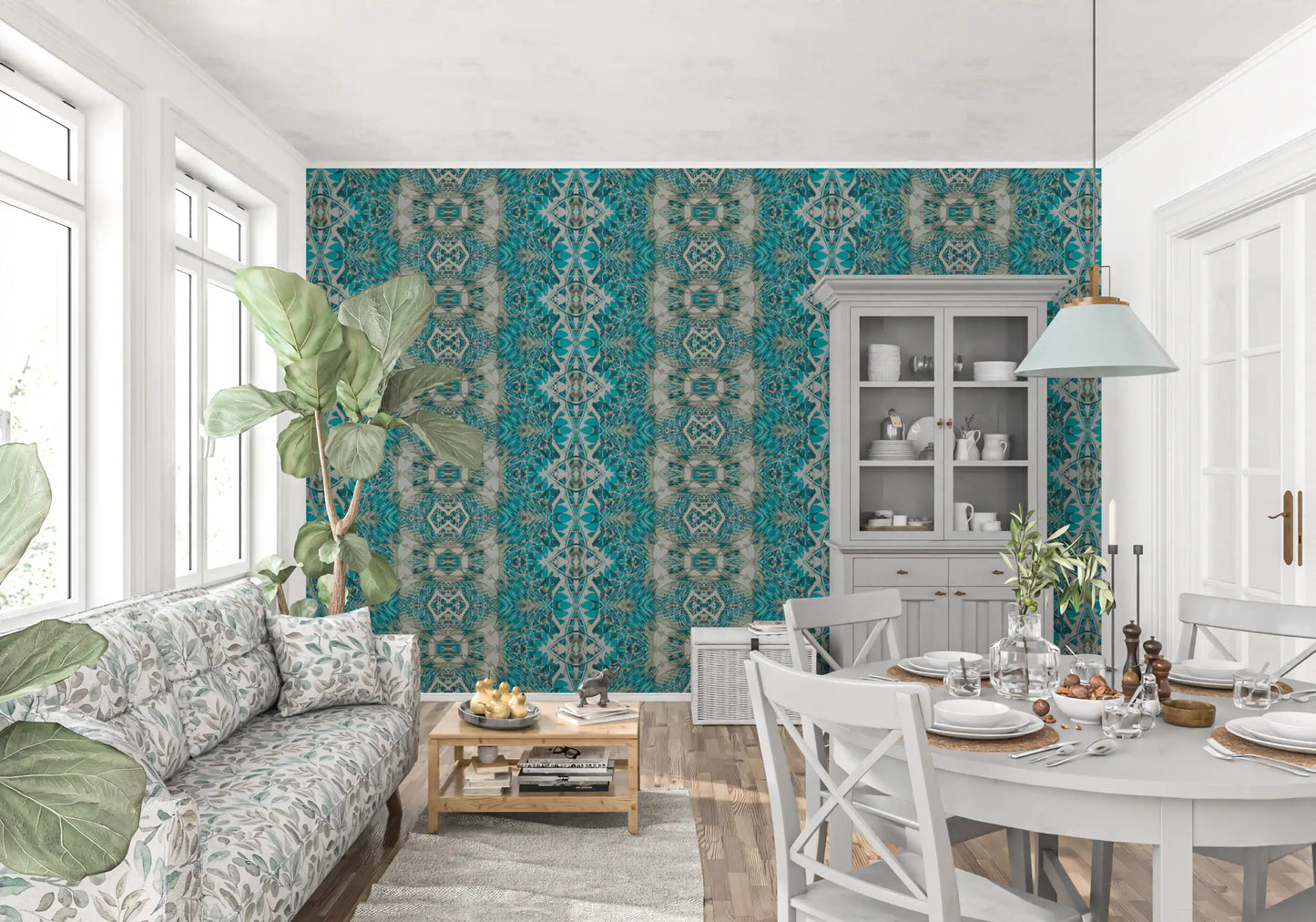 Teal & Grå Indviklet Abstrakt Ornamentalt Tapet - AMBER DESIGN TAPET