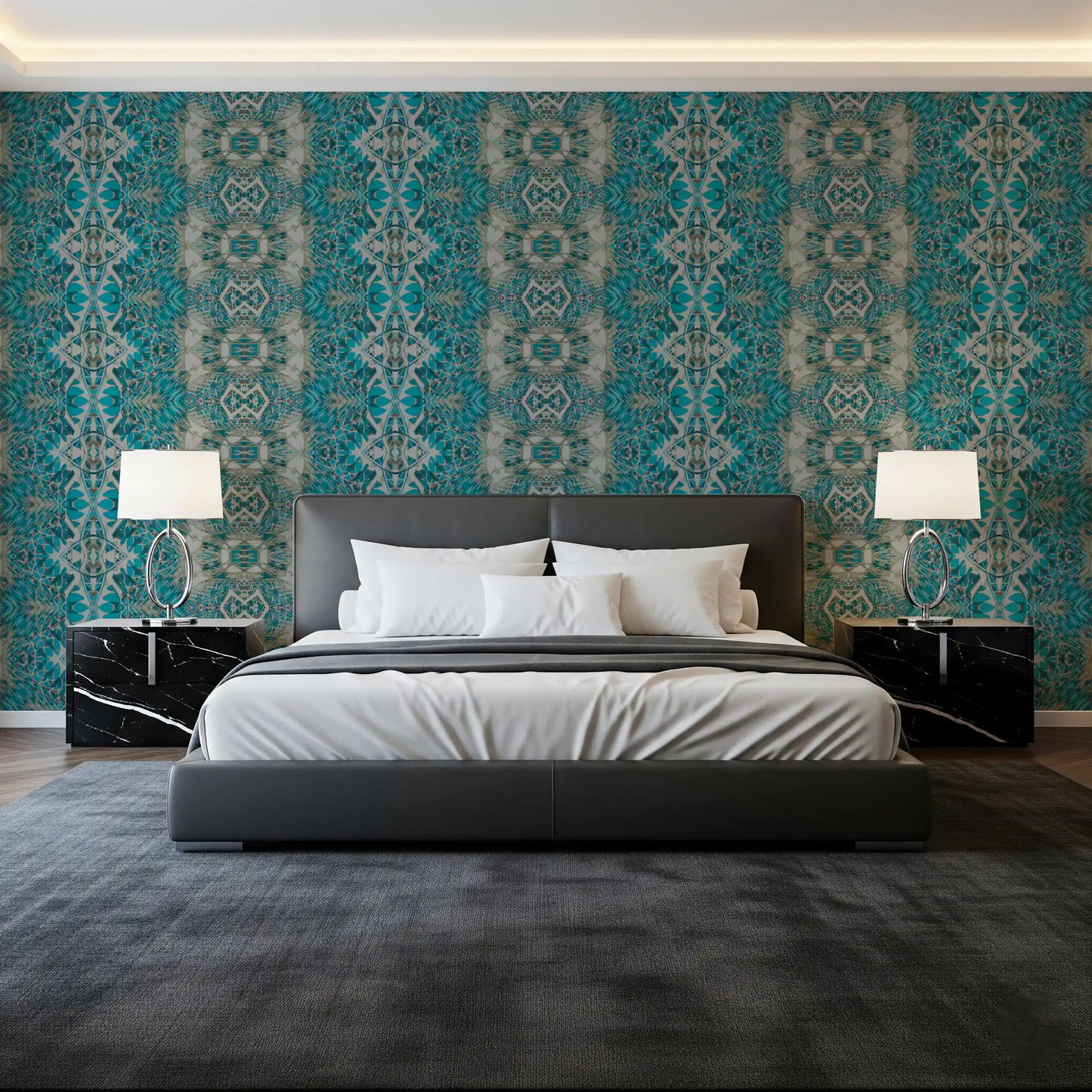 Teal & Grå Indviklet Abstrakt Ornamentalt Tapet - AMBER DESIGN TAPET