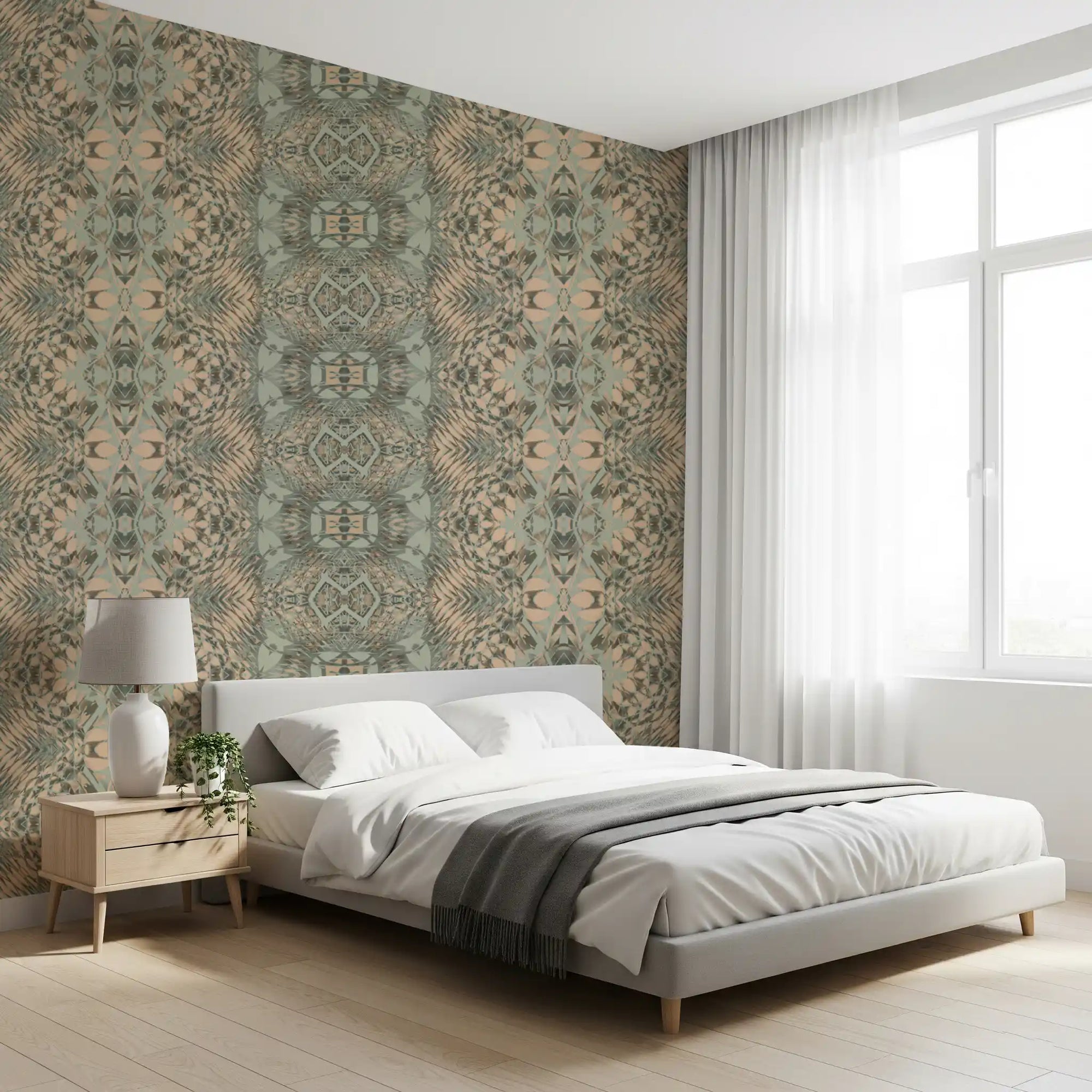 Bedroom set with peach and sage lattice wallpaper, the Amber ornamental repeat GD11473