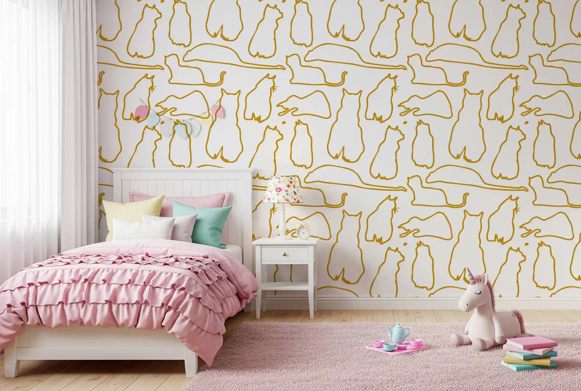 Sunny cats sit across a white wallpaper brightening a kids' room GD11477