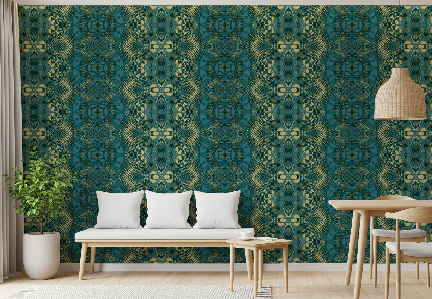 Abstract Ornamental Geometric Teal & Pale Yellow Lattice Wallpaper - AMBER DESIGN Wallpaper Wallpaper⁠