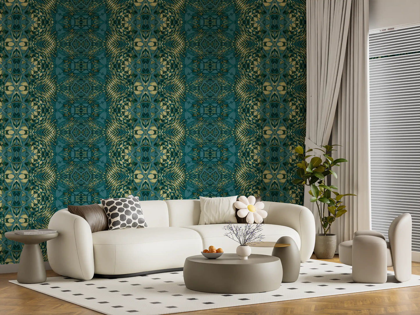 Abstract Ornamental Geometric Teal & Pale Yellow Lattice Wallpaper - AMBER DESIGN Wallpaper Wallpaper⁠