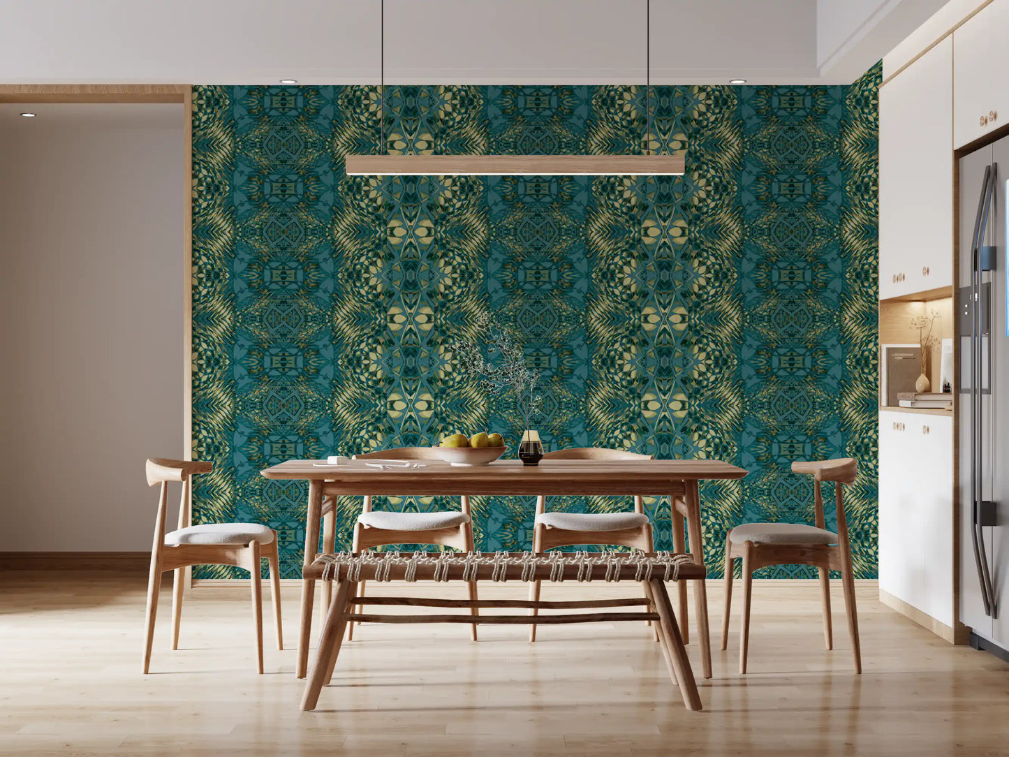 Abstract Ornamental Geometric Teal & Pale Yellow Lattice Wallpaper - AMBER DESIGN Wallpaper Wallpaper⁠