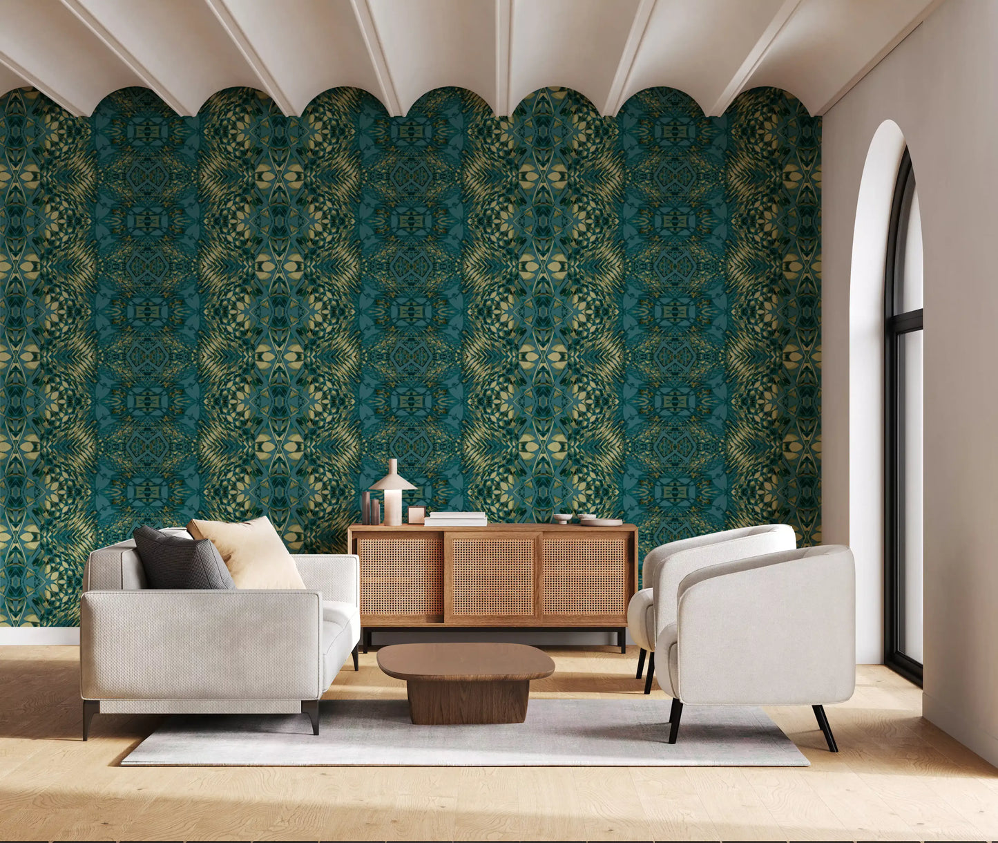 Abstract Ornamental Geometric Teal & Pale Yellow Lattice Wallpaper - AMBER DESIGN Wallpaper Wallpaper⁠