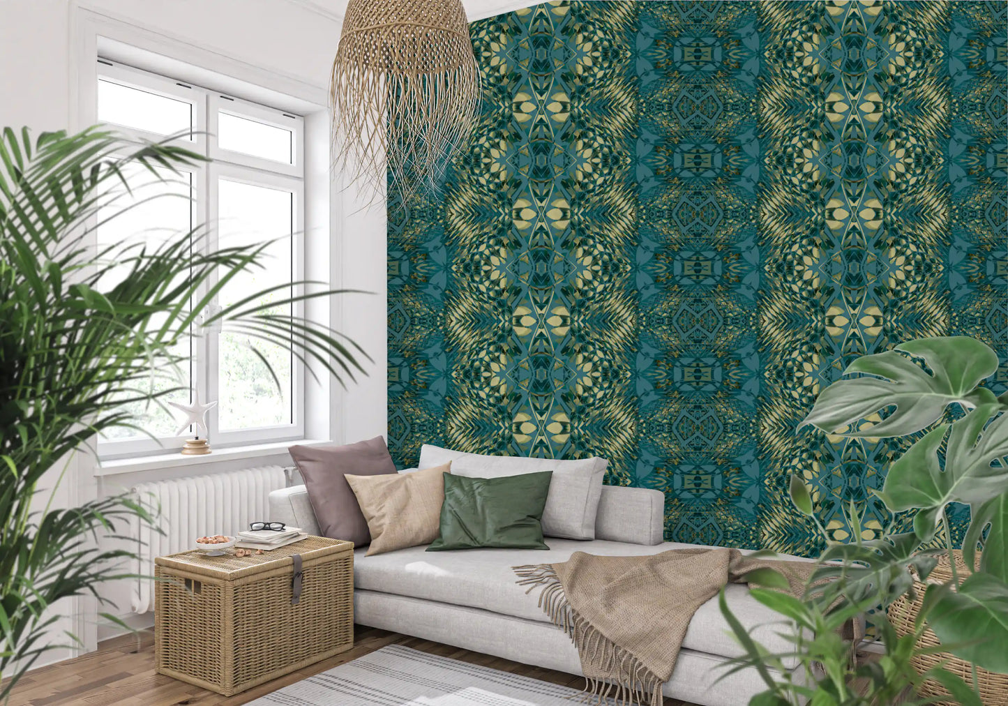 Abstract Ornamental Geometric Teal & Pale Yellow Lattice Wallpaper - AMBER DESIGN Wallpaper Wallpaper⁠