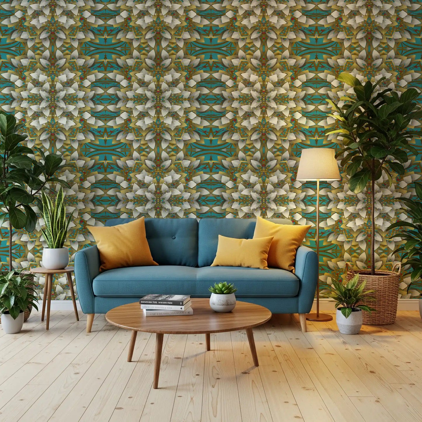 Tapete mit geometrischem Muster in Blaugrün und Gold – IKEBANA DESIGN Tapete