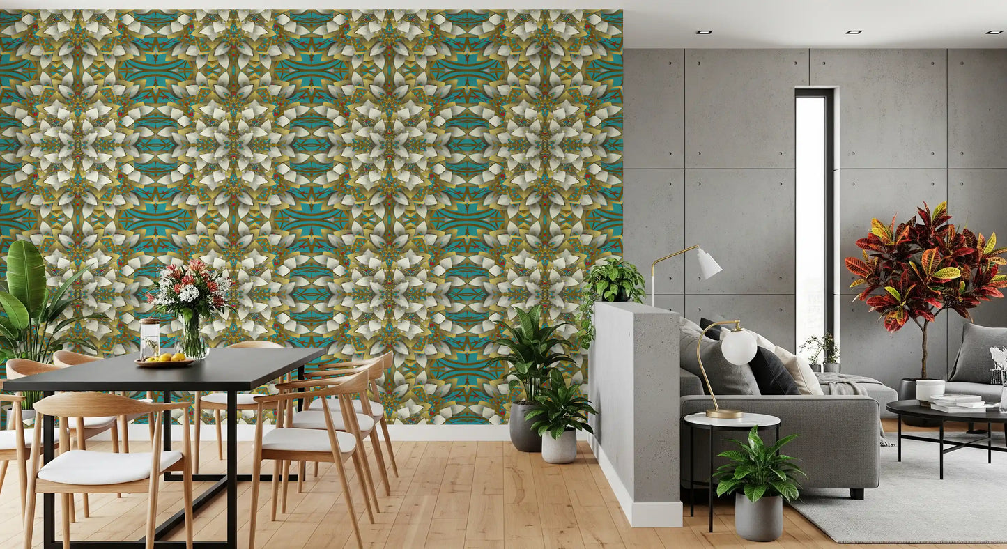 Tapete mit geometrischem Muster in Blaugrün und Gold – IKEBANA DESIGN Tapete