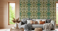 Tapete mit geometrischem Muster in Blaugrün und Gold – IKEBANA DESIGN Tapete