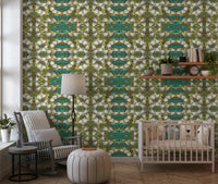 Tapete mit geometrischem Muster in Blaugrün und Gold – IKEBANA DESIGN Tapete