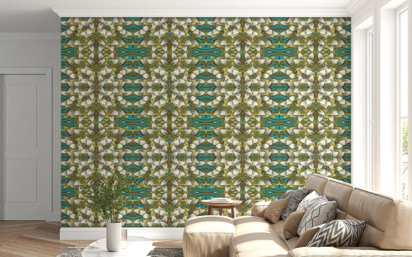 Tapete mit geometrischem Muster in Blaugrün und Gold – IKEBANA DESIGN Tapete