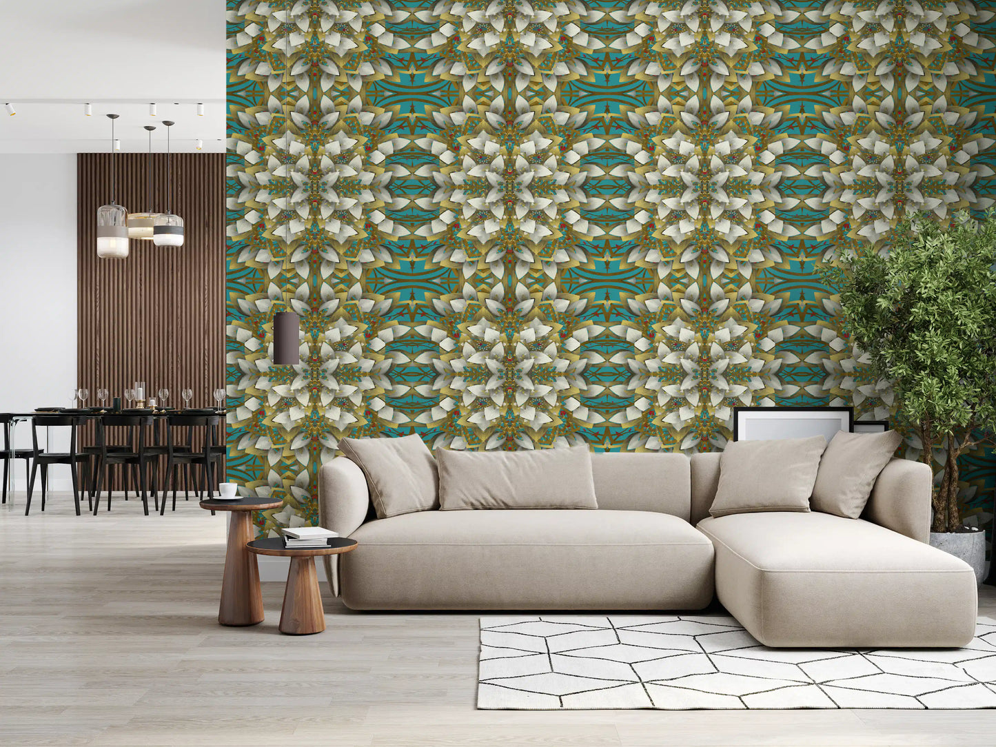 Tapete mit geometrischem Muster in Blaugrün und Gold – IKEBANA DESIGN Tapete