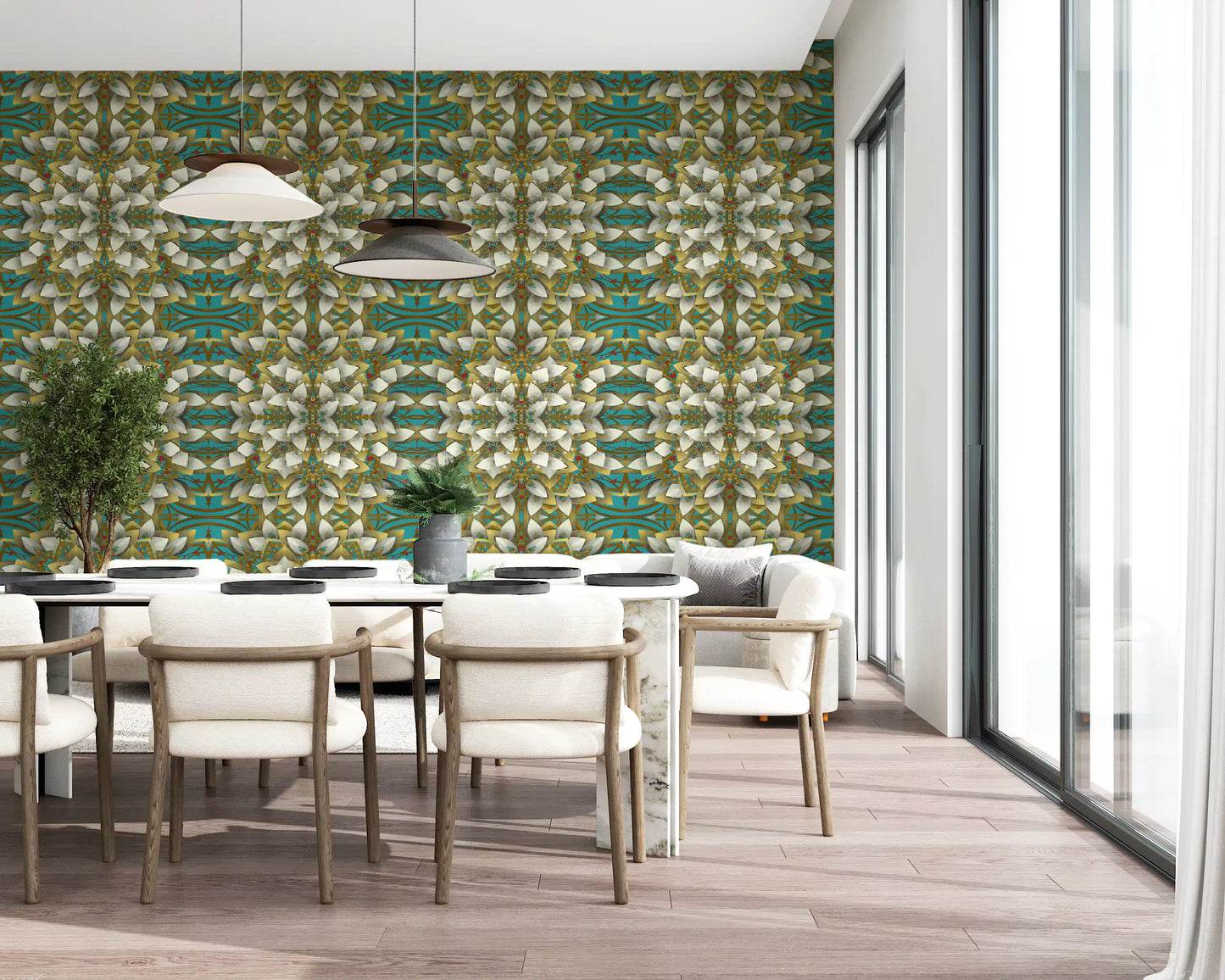 Tapete mit geometrischem Muster in Blaugrün und Gold – IKEBANA DESIGN Tapete
