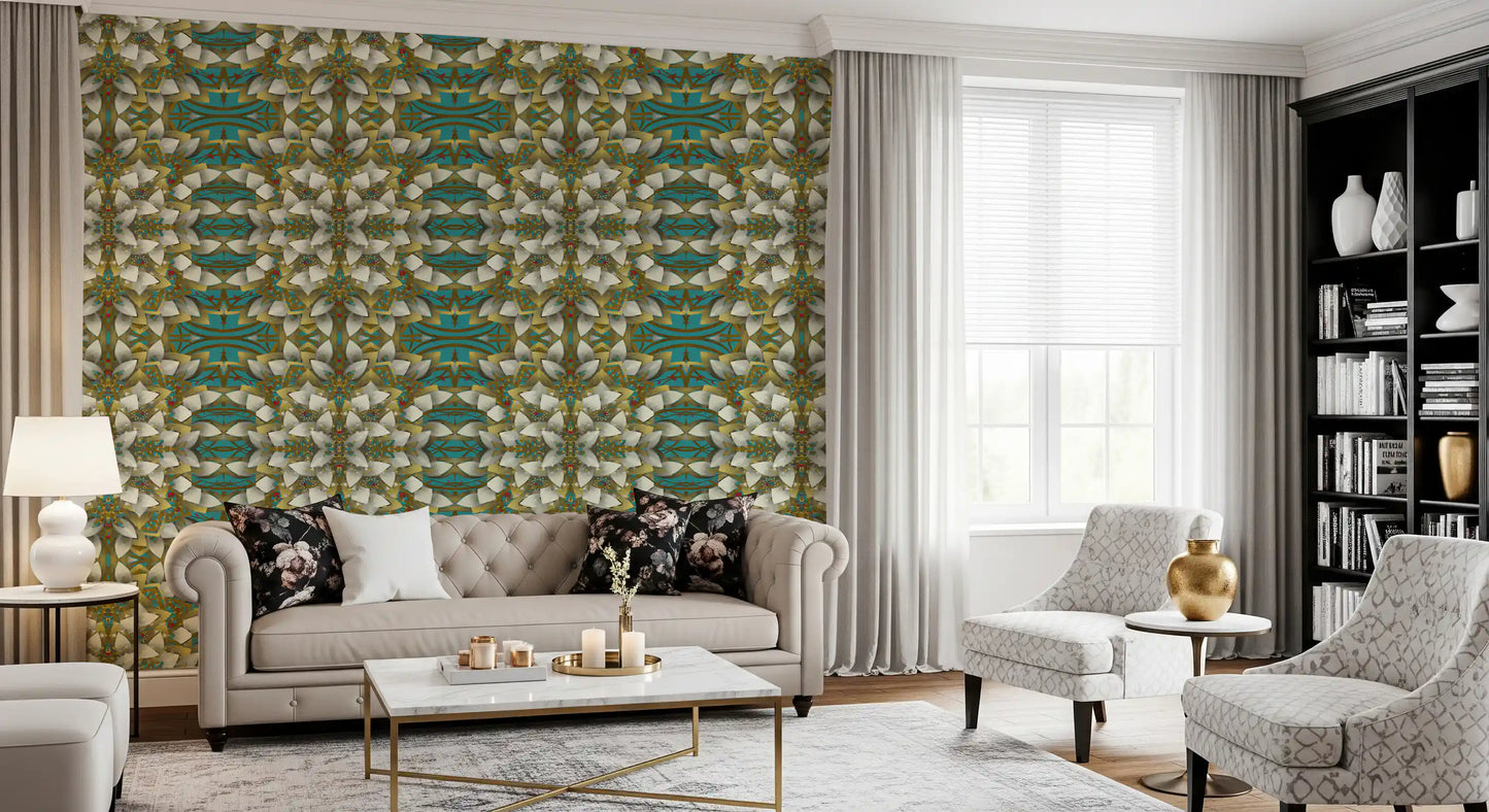 Tapete mit geometrischem Muster in Blaugrün und Gold – IKEBANA DESIGN Tapete