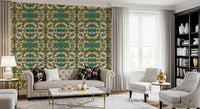Tapete mit geometrischem Muster in Blaugrün und Gold – IKEBANA DESIGN Tapete