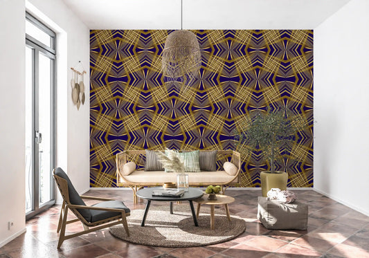 Papier peint Indigo & Or Géométrique Art Déco Rayons de Soleil en Treillis - OCTOBRE