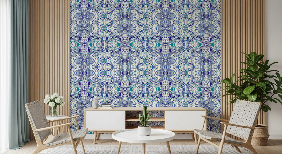 Ink blue and teal ornamental tile on wallpaper warming a lounge GD11494
