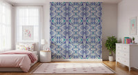 Aqua and blue halves meet on the ornamental tile wallpaper in mirrored pattern GD11494