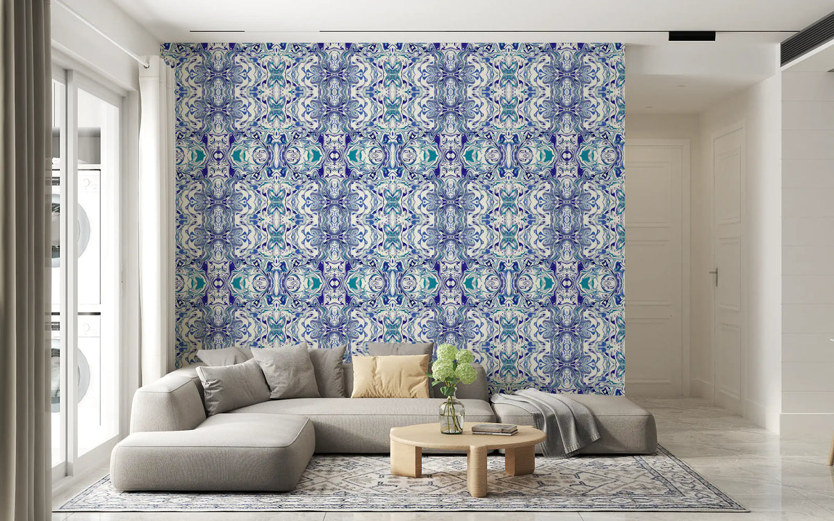 Peacock blue Andorra tile on wallpaper lifting a kitchen-living area GD11494
