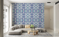 Peacock blue Andorra tile on wallpaper lifting a kitchen-living area GD11494
