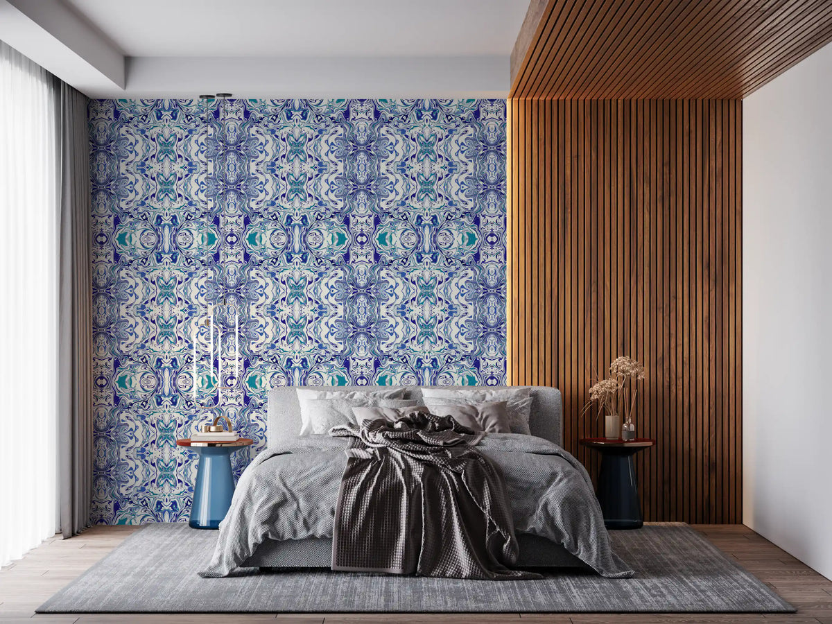 Veined blue shapes run through the ornamental tile wallpaper like poured marble GD11494