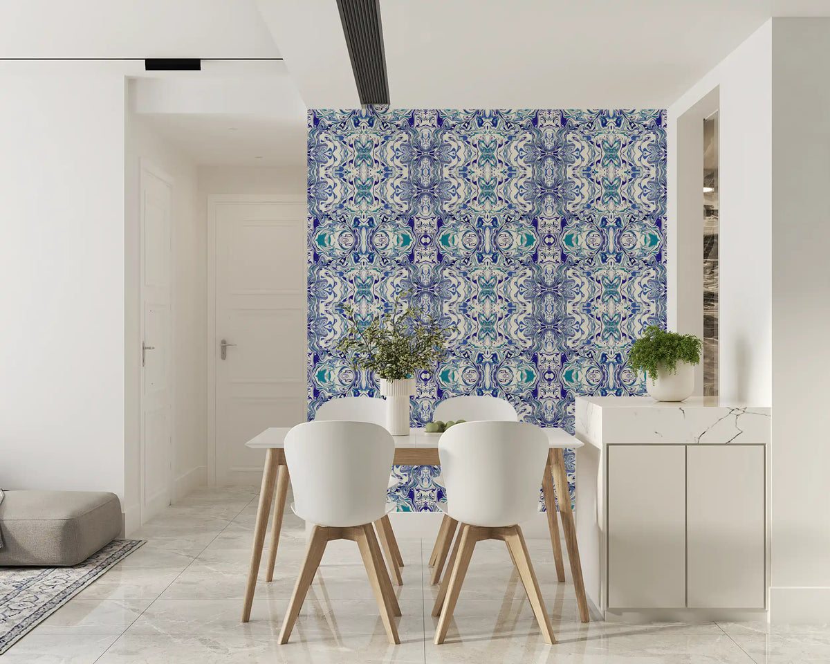 Porcelain and teal ornamental tile wallpaper set across a dining room in cool blue GD11494