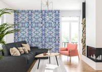 Sapphire and teal ornamental tile wallpaper styling a living room in ivory GD11494