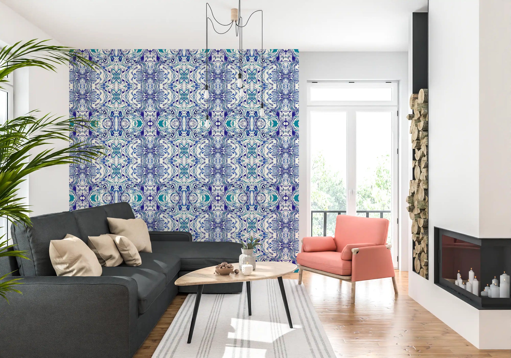 Tapet ANDORRA cu model ornamental contemporan albastru și verde-albăstrui