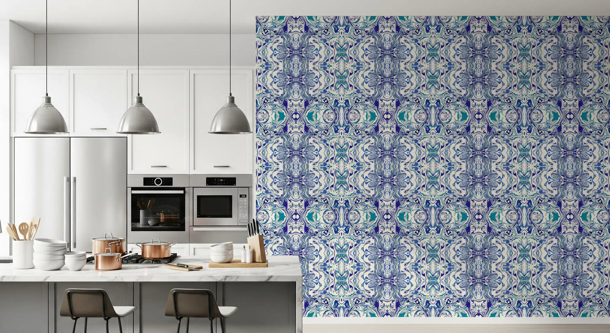Coiled teal marbling wraps the ornamental tile wallpaper over an ivory ground GD11494
