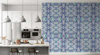 Coiled teal marbling wraps the ornamental tile wallpaper over an ivory ground GD11494