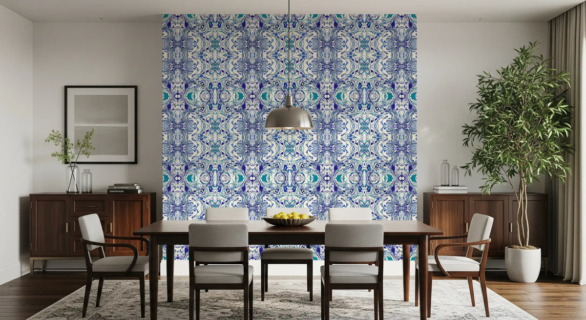 Ultramarine swirls into the ornamental tile wallpaper, mirrored core to edge GD11494