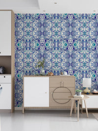 Delft blue and teal lines fold into the ornamental tile wallpaper in symmetry GD11494
