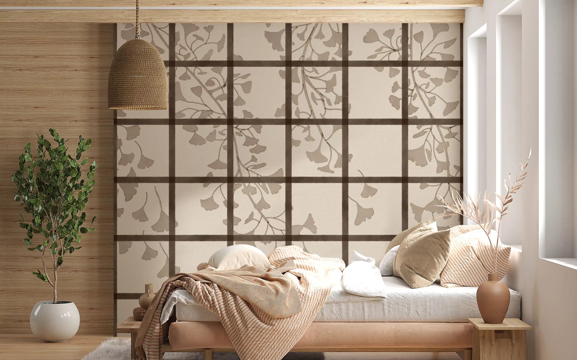 Zen ginkgo leaves rest behind the Japanese shoji wall mural in taupe and brown GD11495