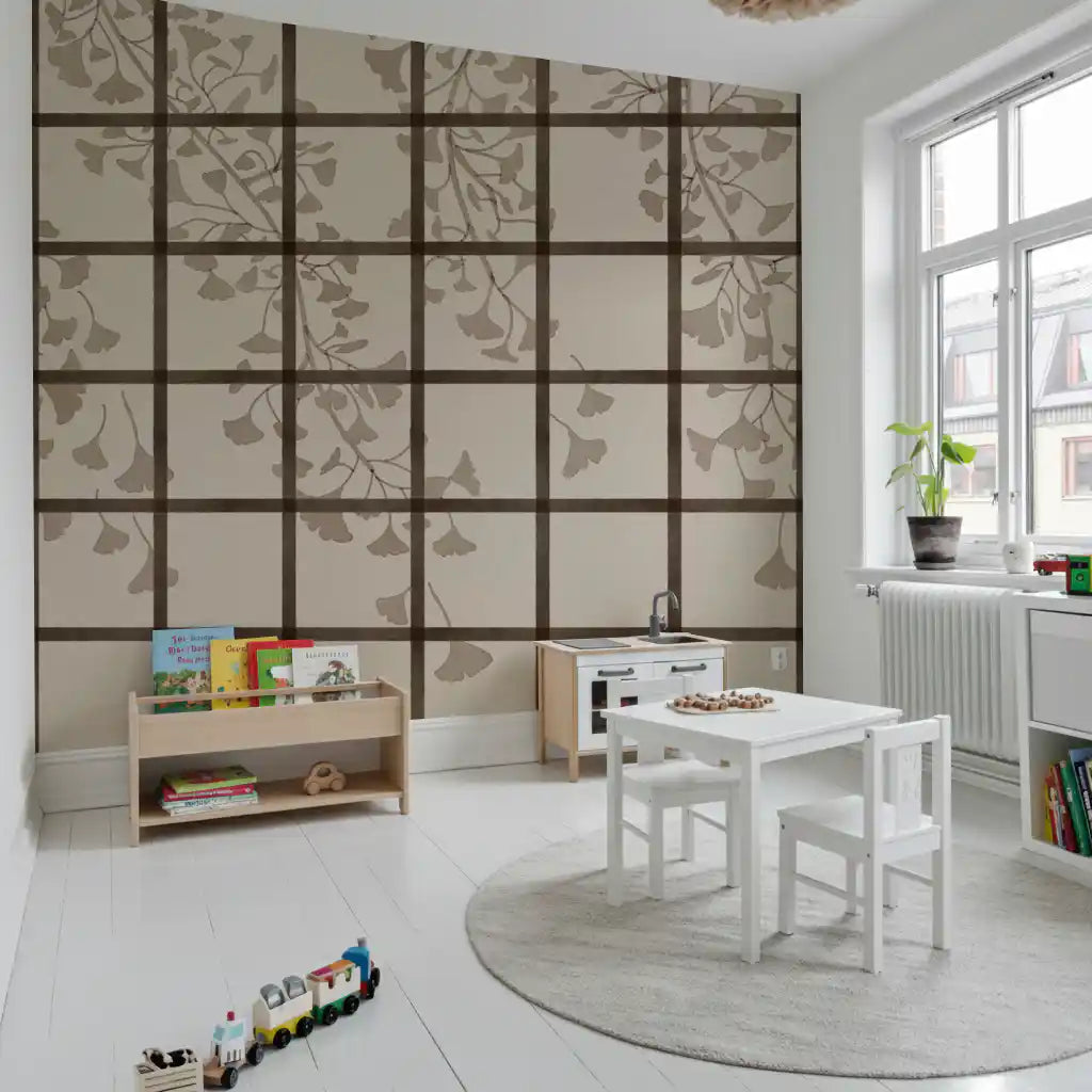 Screen lattice crosses the ginkgo wall mural over leaves and brown branches GD11495