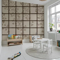 Screen lattice crosses the ginkgo wall mural over leaves and brown branches GD11495
